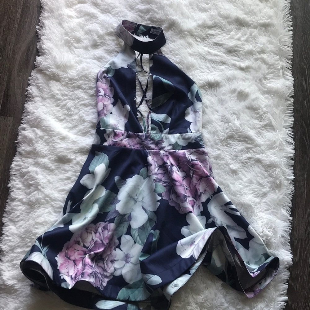 Floral Cocktail Dress. High neck BacklessDress